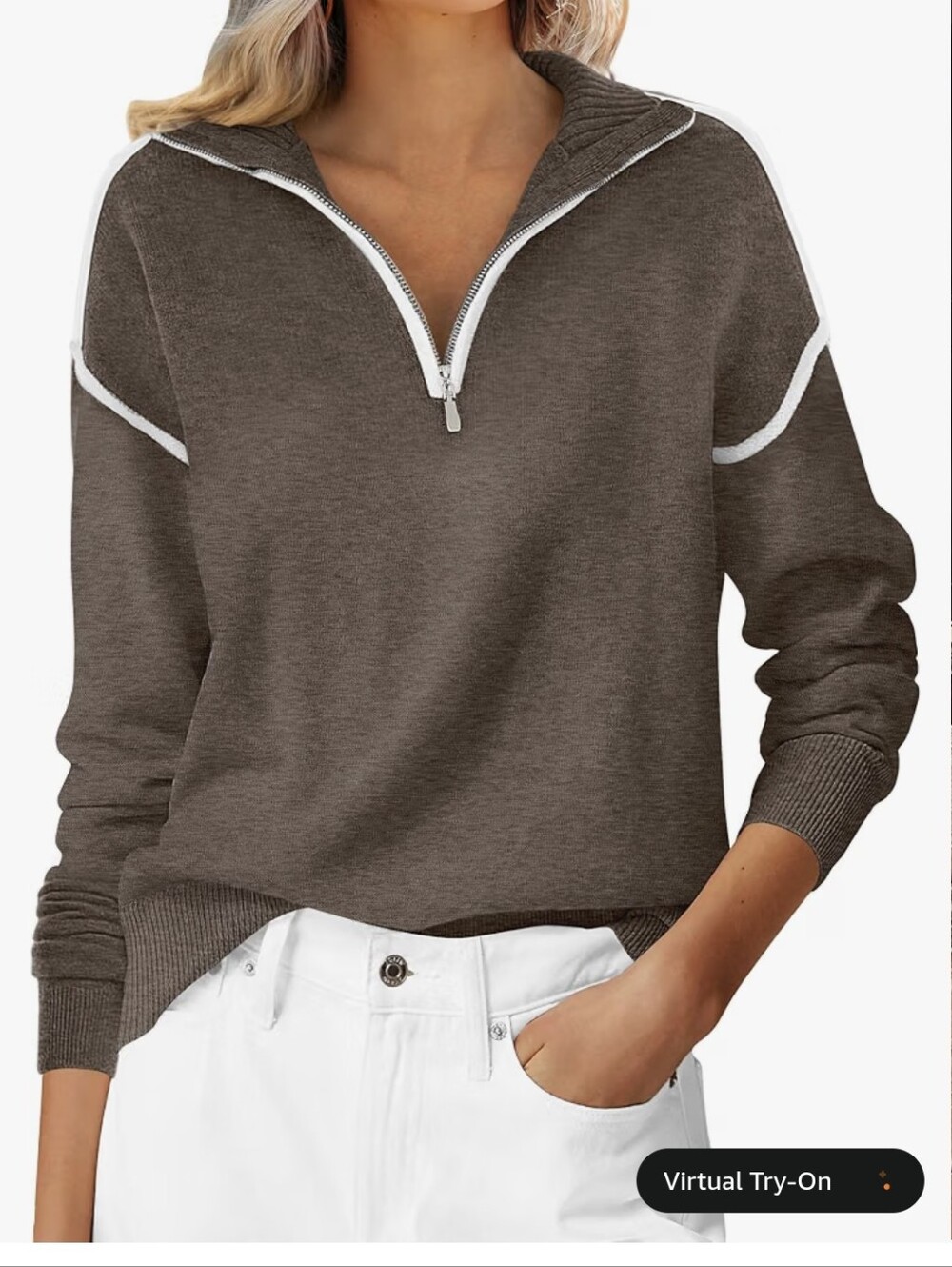 Brown Half-Zip Womens Sweater with Contrast Trim